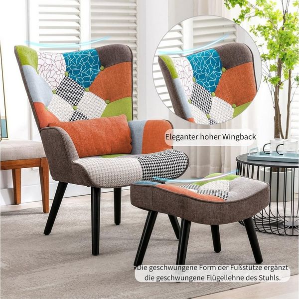 HomeMiYN Ohrensessel Relaxsessel Lehnstühle Patchwork Ohrensessel mit Hocker lesesessel, Chair
