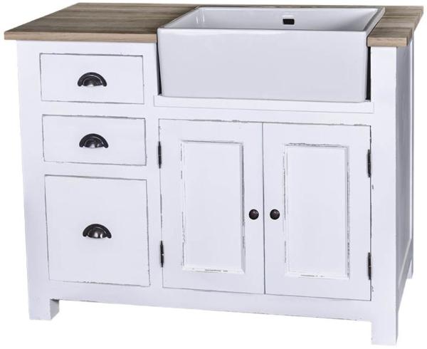 Casa Padrino Landhausstil Spülenschrank mit 2 Türen und 3 Schubladen Antik Weiß / Naturfarben 118 x 65 x H. 90 cm - Shabby Chic Küchenmöbel