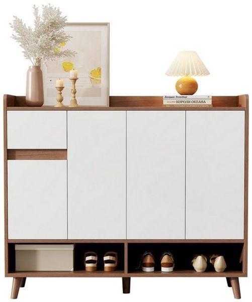 BlingBin Schuhschrank Schuhregal Schuhkipper Schuhkommode Sideboard (für 16 bis 20 Paar Schuhe, 1-St, mit 4 Türen, 1 Schubladen und verstellbaren Regal) für Esszimmer, Wohnzimmer, Küche, Weiß+Natur, 120×35×99 cm Bild 4