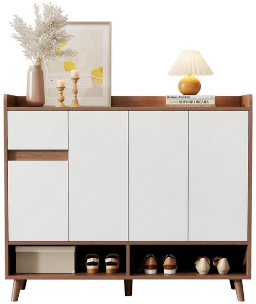 BlingBin Schuhschrank Schuhregal Schuhkipper Schuhkommode Sideboard (für 16 bis 20 Paar Schuhe, 1-St, mit 4 Türen, 1 Schubladen und verstellbaren Regal) für Esszimmer, Wohnzimmer, Küche, Weiß+Natur, 120×35×99 cm