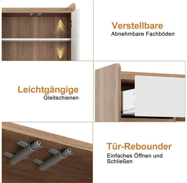 BlingBin Schuhschrank Schuhregal Schuhkipper Schuhkommode Sideboard (für 16 bis 20 Paar Schuhe, 1-St, mit 4 Türen, 1 Schubladen und verstellbaren Regal) für Esszimmer, Wohnzimmer, Küche, Weiß+Natur, 120×35×99 cm Bild 3