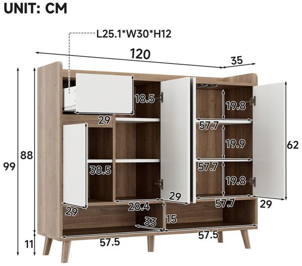 BlingBin Schuhschrank Schuhregal Schuhkipper Schuhkommode Sideboard (für 16 bis 20 Paar Schuhe, 1-St, mit 4 Türen, 1 Schubladen und verstellbaren Regal) für Esszimmer, Wohnzimmer, Küche, Weiß+Natur, 120×35×99 cm Bild 2