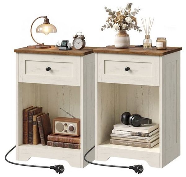 VASAGLE Nachttisch 2er Set mit Steckdose und Schublade, Vintage Kommode Schlafzimmer, 40 x 30 x 59 cm, Weiß und Braun