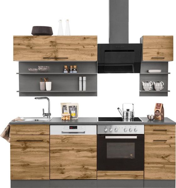 KOCHSTATION Küchenzeile KS-Tulsa, mit E-Geräten, Breite 210 cm, schwarze Metallgriffe, MDF Fronten
