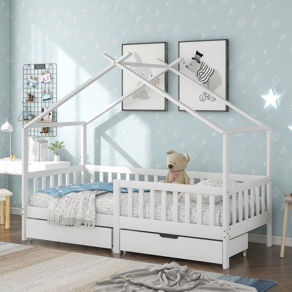 Hausbett Kinderbett 200x90 cm mit 2 Schubladen, Sicherheitszaun, Kiefernholz und MDF in Weiß