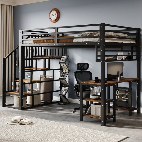 Merax Hochbett 120x200 cm mit integriertem Schreibtisch & stabilen Lattenrosten (1-St, Jugendbett Einzelbett) Metallbett Kinderbett mit Treppen, Handläufen & Aufbewahrungsregal