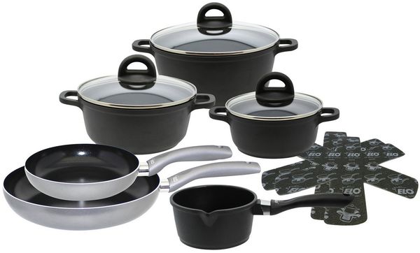 Elo Topf-Set Black, Ducato, Aluminiumguss (Set, 11-tlg, 3 Töpfe mit Deckel, 1 Stielkasserolle, 2 Bratpfannen, 2 Stapelschutz), mit hochwertiger Antihaftversiegelung, Induktion