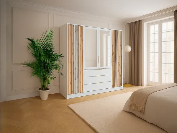 Vente-unique - LIRMADA Geschlossener und offener Kleiderschrank Holz, Platte BeigeWeiß - B 58 cm x H 200 cm x L 196 cm