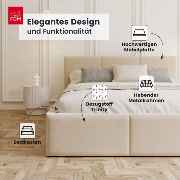 FDM Polsterbett AMBER modern mit Bettkasten MADE IN EU - mit Trinity Velours Bezug (verfügbar 90x200 120x200 140x200 160x200 180x200cm, Bettrahmen, Bett, mit großen gepolsterten Kopfteil, mit Bettkasten zum aufklappen), Hebbarer Metallrahmen, Bettkaste... Bild 2