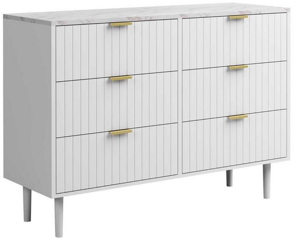 UEV Kommode mit 6 Schubladen Sideboard TV Board für Wohnzimmer,Schlafzimmer (Schrank mit Füße/Metallgriffe, Aufbewahrungsschrank viel Stauraum Highboard Schmal Buffet modern), 100 x 34 x 75cm, marmorfarbrig Mehrzweckschrank aus Holz für Büro Flur
