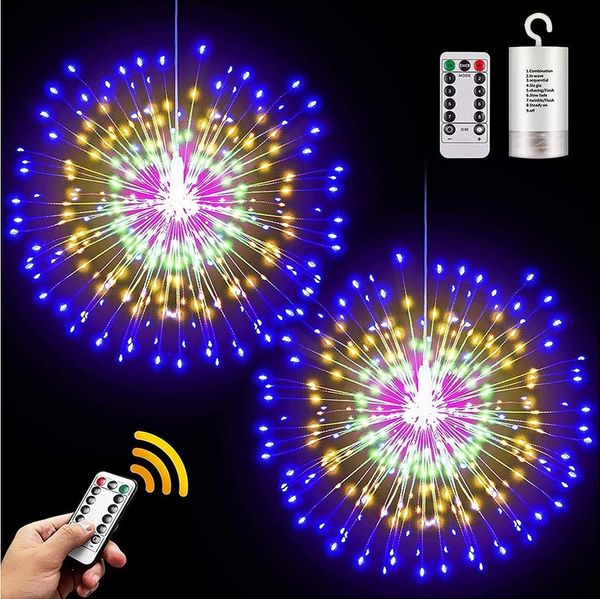 Merry 2024 Lichterkette LED-Lichterkette,LED Feuerwerk Hängestern Lichterketten,200LEDs, 8 Modi,Fernbedienung,Kupferdraht Lichterkette