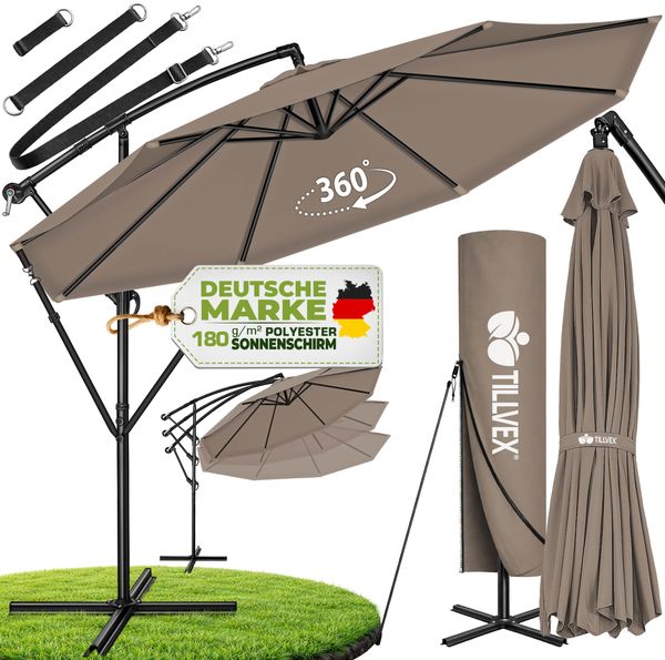 tillvex Sonnenschirm Cappuccino Ø 300 cm Ampelschirm Gartenschirm Marktschirm Kurbel Balkon Alu Neigbar