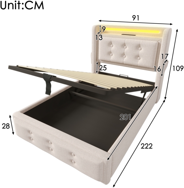 Einzelbett 90x200 cm mit Kopfteil, LED-Beleuchtung, USB Type-C Steckdose, Stauraum & Baumwoll-Leinenbezug,Beige Bild 10
