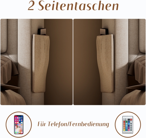 Einzelbett 90x200 cm mit Kopfteil, LED-Beleuchtung, USB Type-C Steckdose, Stauraum & Baumwoll-Leinenbezug,Beige Bild 9