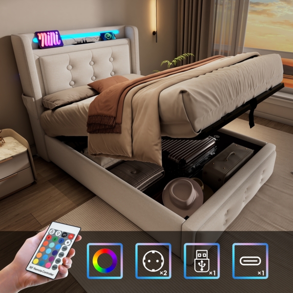 Einzelbett 90x200 cm mit Kopfteil, LED-Beleuchtung, USB Type-C Steckdose, Stauraum & Baumwoll-Leinenbezug,Beige Bild 2