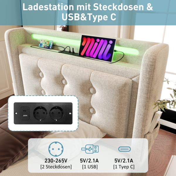 Einzelbett 90x200 cm mit Kopfteil, LED-Beleuchtung, USB Type-C Steckdose, Stauraum & Baumwoll-Leinenbezug,Beige Bild 7
