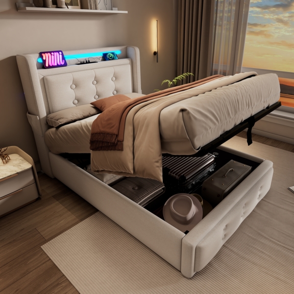 Einzelbett 90x200 cm mit Kopfteil, LED-Beleuchtung, USB Type-C Steckdose, Stauraum & Baumwoll-Leinenbezug,Beige Bild 3