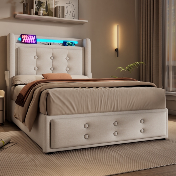 Einzelbett 90x200 cm mit Kopfteil, LED-Beleuchtung, USB Type-C Steckdose, Stauraum & Baumwoll-Leinenbezug,Beige Bild 5