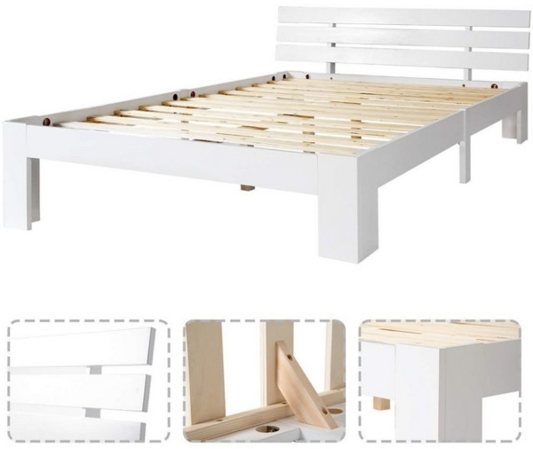 STILVORA Holzbett 140×200 mit Kopfteil,Bettgestell Holzbett mit Lattenrost&Matratze (Bettgestell 140 x 200 cm), Weiß Bild 4