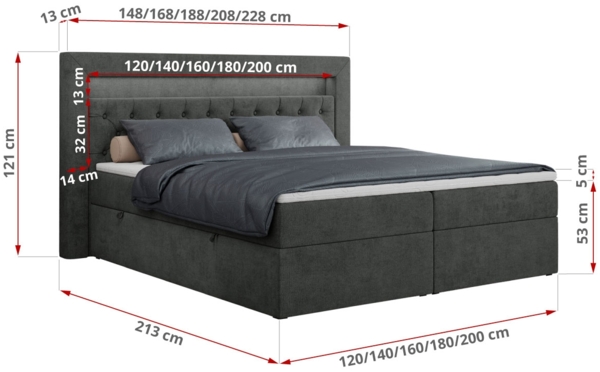 Boxspringbett - Doppelbett mit Multipocket-Matratze und LED - GOLD-6 - 200x200cm - Dunkelgrau Stoff - H3 Bild 5