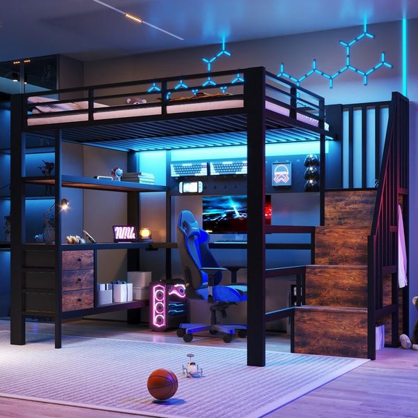 Flieks Hochbett Metallbett 140x200 cm mit LED-Licht, Aufladen, Schreibtisch, Schubladen