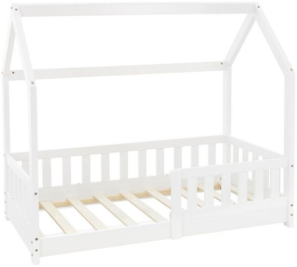 ML-DESIGN Kinderbett Hausbett Spielbett inkl. Lattenrost kreativ Bodenbett für Kinder, Abenteuerbett mit Rausfallschutz Spielbett Kiefer Weiß Himmelbett