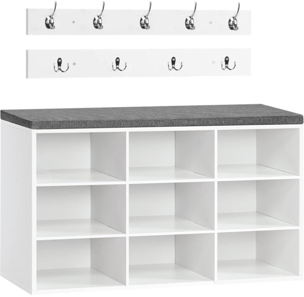 HOOBRO Garderobe Schuhregal Set mit Sitzbank und 9 Fächern Weiß Grau