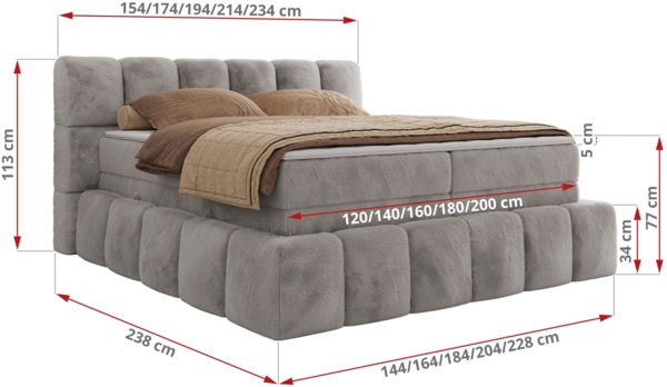 Boxspringbett NIRA KING, Doppelbett mit Fußteil, 7-Zonen Multipocket-Matratzen und Topper, Schlafzimmerbett - 180 x 200 cm - Hellgrau Plüsch - H4 Bild 6