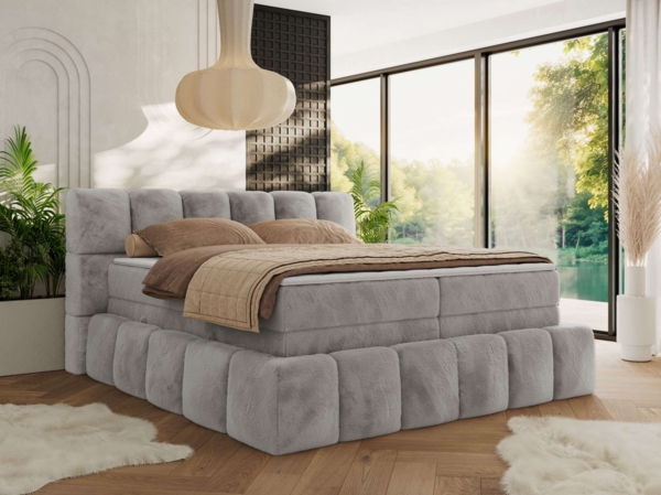 Boxspringbett NIRA KING, Doppelbett mit Fußteil, 7-Zonen Multipocket-Matratzen und Topper, Schlafzimmerbett - 180 x 200 cm - Hellgrau Plüsch - H4 Bild 1