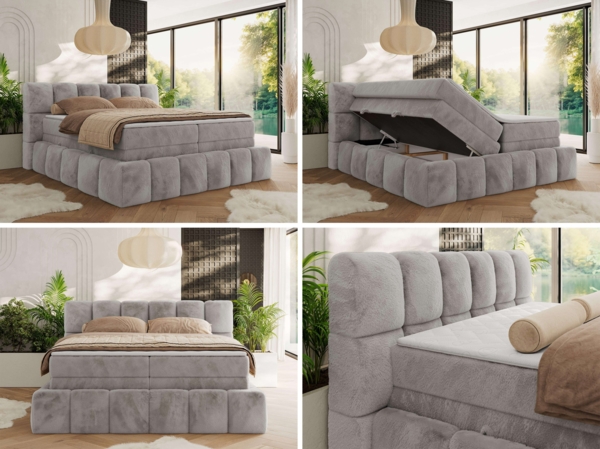 Boxspringbett NIRA KING, Doppelbett mit Fußteil, 7-Zonen Multipocket-Matratzen und Topper, Schlafzimmerbett - 180 x 200 cm - Hellgrau Plüsch - H4 Bild 2