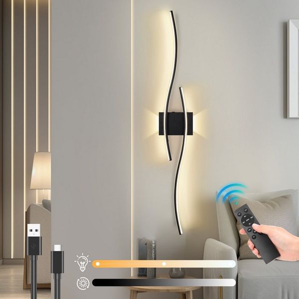 Lapalife Wandleuchte Dimmbar Wandleuchte Innen Kabelloses Wiederaufladbar, 100cm, LED fest integriert, Schwarz LED Wandlampe mit Fernbedienung, Timer, Speicherfunktion