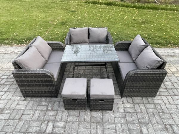 Fimous Polyrattan Gartenmöbelset 8-Sitzer Gartensofa Set Set mit Rechteckiger Esstisch 2 kleinen Hockern Dunkelgrau Gemischt