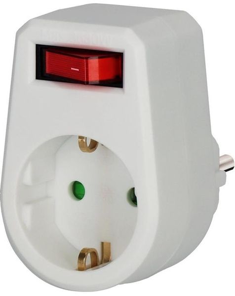 Adapterstecker Schutzkontakt 1-fach weiß mit Schalter – Steckdose mit erhöhtem Berührungsschutz IP20 Stecksystem DE