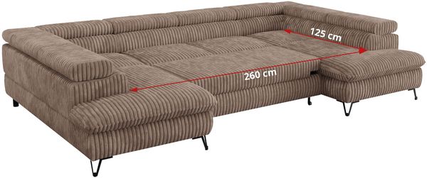 Mks Möbel 'Peter U' Wohnlandschaft mit Bettkasten, Bettfunktion & einstellbaren Kopfstützen, Braun, Cord, mit Topper Bild 9