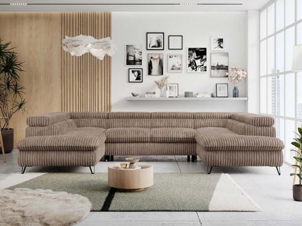 Ecksofa U-Form, mit Bettkasten, Bettfunktion und Einstellbare Kopfstützen, Sofa big XXL - PETER U - Braun Cord - Topper T25