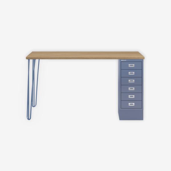 MultiDesk, 2 Stahlfüße, 1 MultiDrawer mit 6 Schüben, Dekor natürliche Eiche, Farbe Blau, Maße: H 740 x B 1400 x T 600 mm