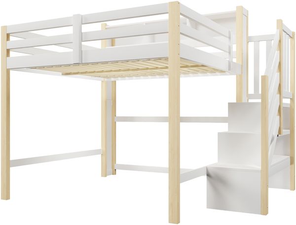 Hochbett, 140x200cm,Mit LED-Leuchten, Großer Stauraum unter dem Bett, Ablageleiter, offenem Staufach, ohne Matratze, Weiß+Natur Bild 9