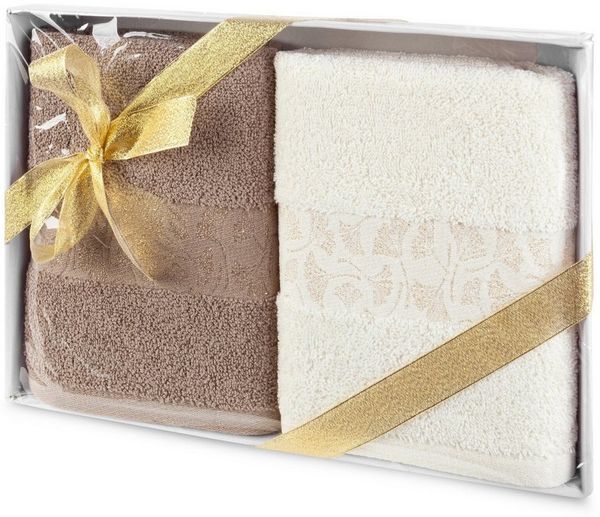 Eurofirany Handtuch Set Eleganter 2er Set Handtuch und Badetuch, Baumwolle, Gingko Muster, Bordüre, im Box verpackt