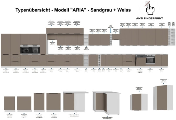 Küchen Aufsatzschrank 80 cm ARIA Sandgrau ultra matt + Weiss matt, hochwertige Fronten mit Anti Fingerprint Beschichtung Küchenzeile Küchenblock Bild 6