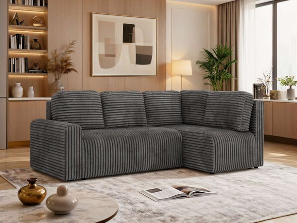 Eckcouch NESSARO COR L mit Schlaffunktion, L-förmiges Sofa mit DL-System, Bettkasten, Bonellfederkern, Sofa mit Stauraum - Grau Cord - Rechts Seite