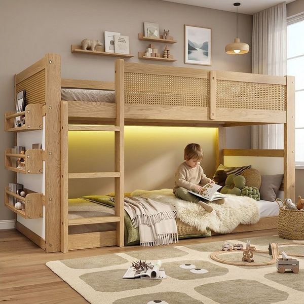 Flieks Etagenbett, LED Hochbett Kinderbett 90x200 cm mit Ablage, Leiter, oberem Lattenrost