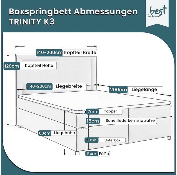 Best for Home Boxspringbett Trinity K3 mit Bettkasten & Komfort Topper 7 cm (Polsterbett Doppelbett Boxbett mit gepolstertes Kopfteil, versch. Größen, 140x200 160x200 180x200 200x200 cm), Handwerksqualität