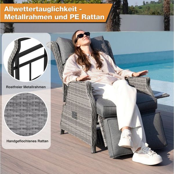 HOMECALL Rattanstuhl Gartensessel Indoor Verstellbar Liegestuhl Gartenliege balkonliege (Wetterfester Rahmen, klappbarem Beistelltisch und Fußstütze, 1 St), COMLAX FIELD