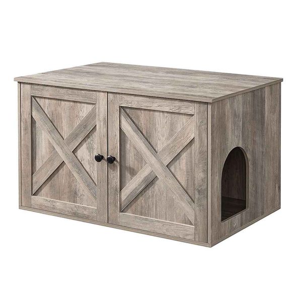 FEANDREA Katzenhaus, Katzenklo-Schrank mit herausnehmbarer Trennwand, Tisch, 80 x 53 x 50 cm, greige