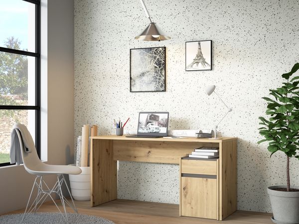 Schreibtisch >MODULTRICK< in Artisan Eiche Dekor / Grau - 140x72,7x52,7cm B/H/T