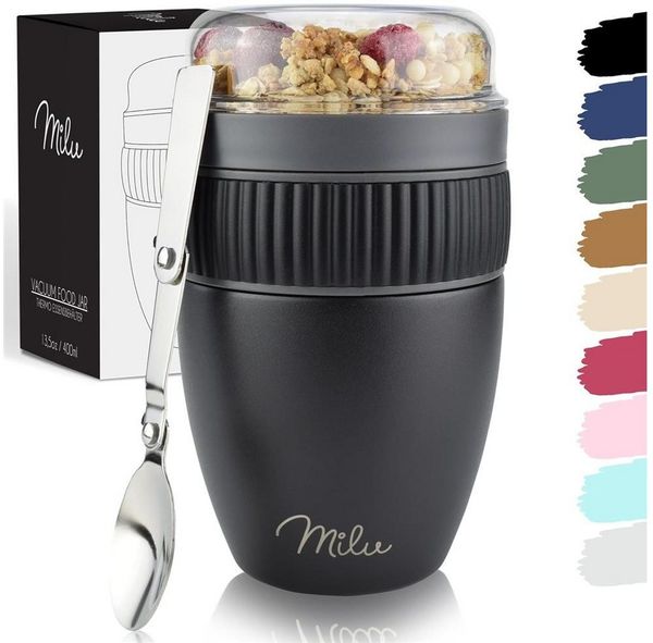 Milu Müslibox Müslibecher To Go Edelstahl 400 ml, isoliert, auslaufsicher, Müslimax Set