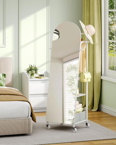 Ganzkörperspiegel, Standspiegel mit Kleiderständer, 165 x 50 × 45cm, 360° Drehbare Rollen, Große Spiegel mit Aufbewahrungsbox und Haken, für Schlafzimmer und Wohnzimmer, Weiß