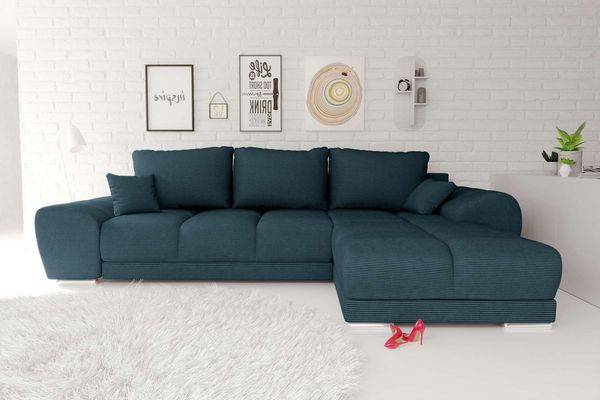 99rooms Antalya Ecksofa Cordstoff POSO Blau Rechts mit Schlaffunktion