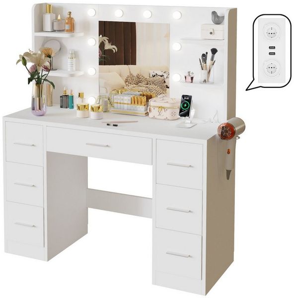 HOMALL Schminktisch Mit dreifarbiger LED-Beleuchtung, mit Spiegel, optional mit Hockern (Maße: 110 x 40 x 137 cm, mit 10 kugelförmigen Lampen, deren Helligkeit und Farbtemperatur einstellbar sind, sowie einer Schublade. Ausgestattet mit 1 USB-Anschluss...