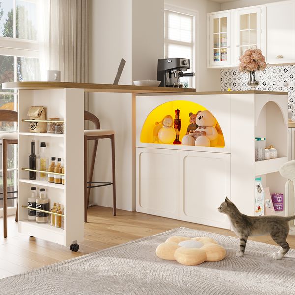 Mobiler Bartisch 135-205x39x100 cm mit LED, Rollen & Snackregal, 360° drehbar, weiß
